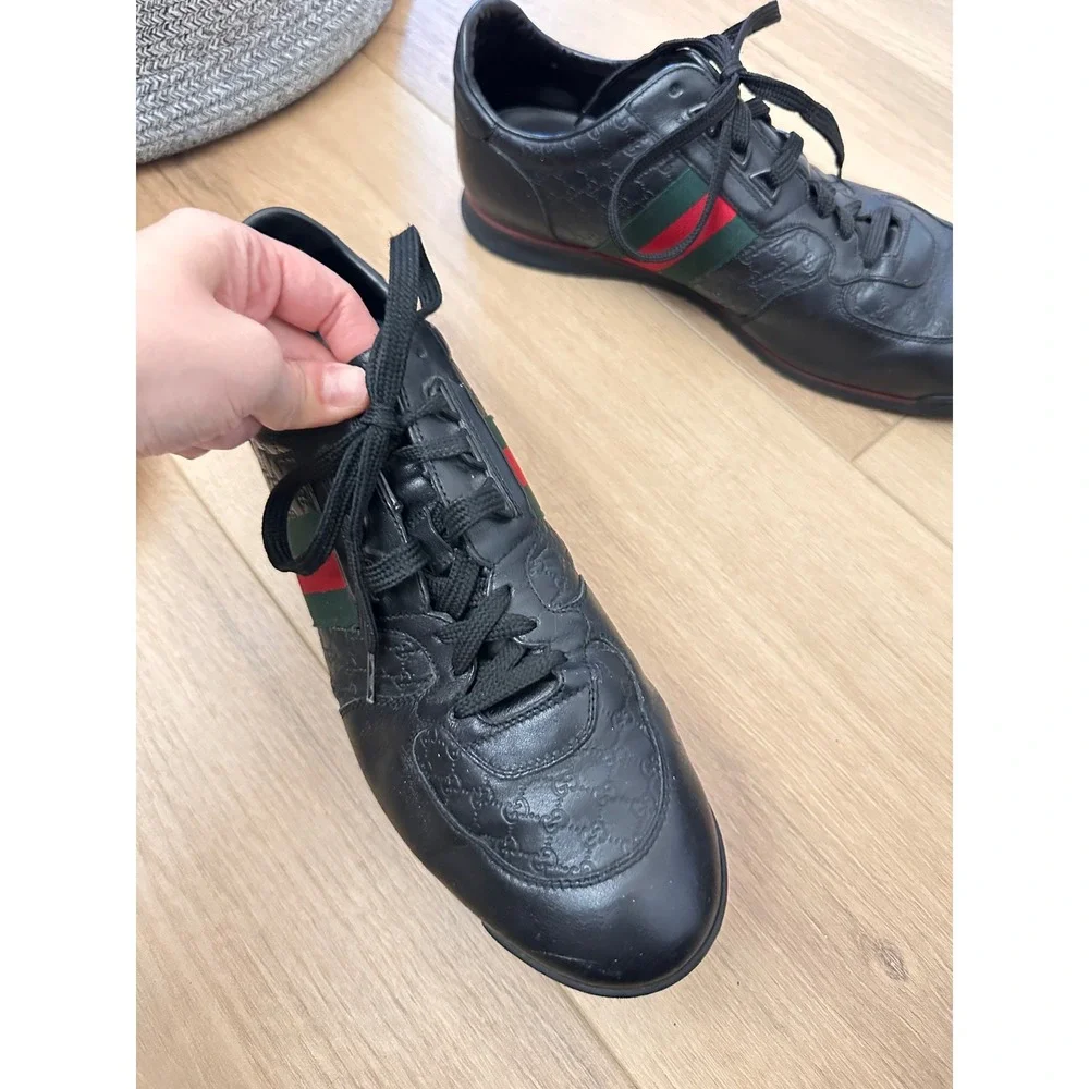 Gucci Mens Black Guccissima Leather Web Stripe Low Top Sneakers size 10